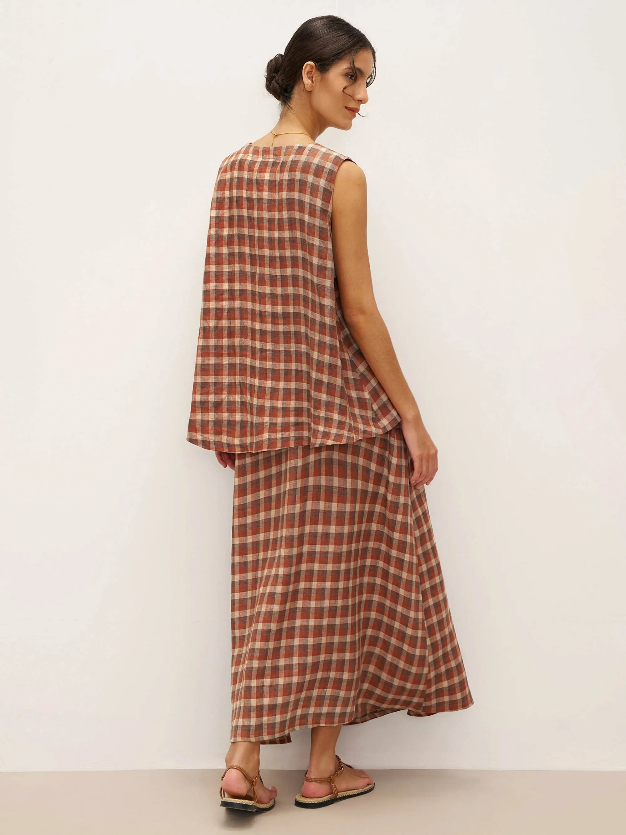 100% Linen V-Neck Checked Oversized Vest DORIS