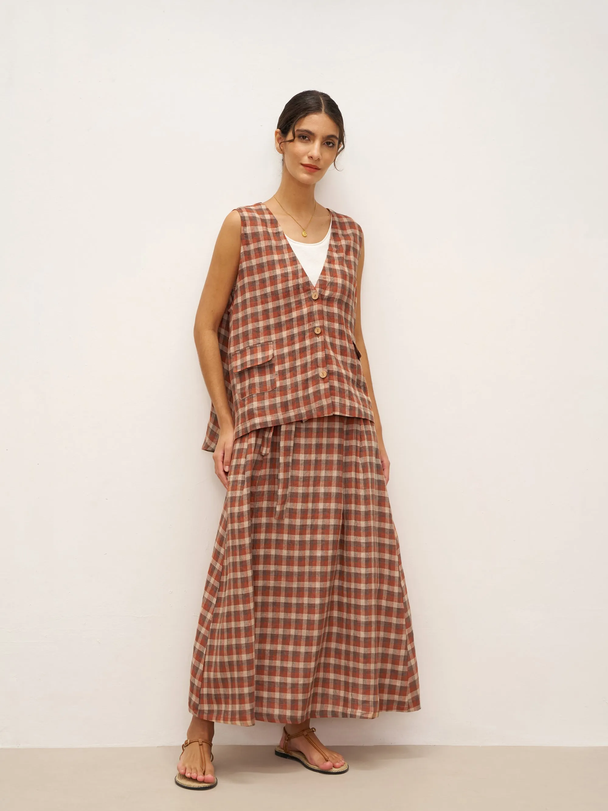 100% Linen V-Neck Checked Oversized Vest DORIS