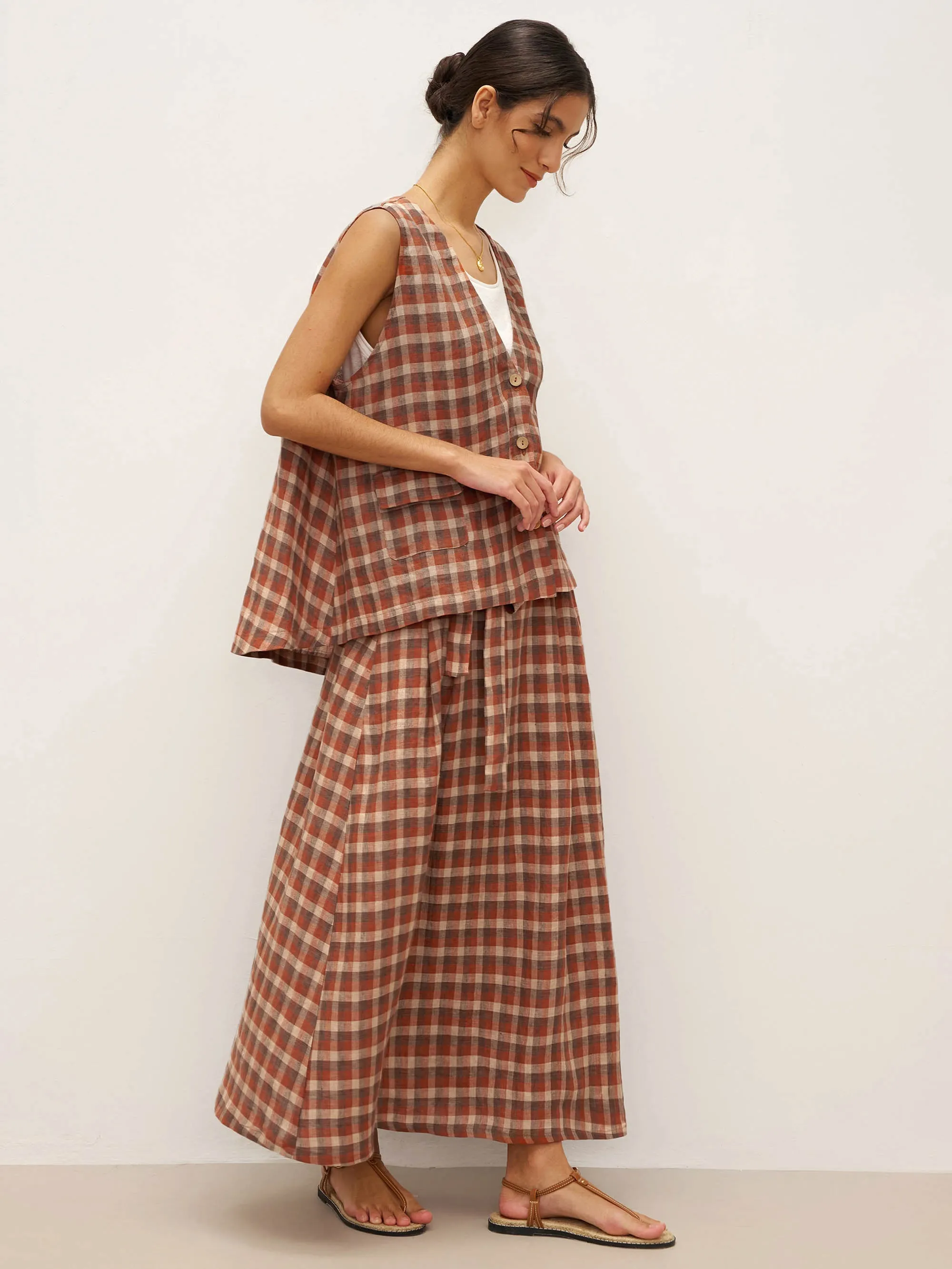 100% Linen V-Neck Checked Oversized Vest DORIS