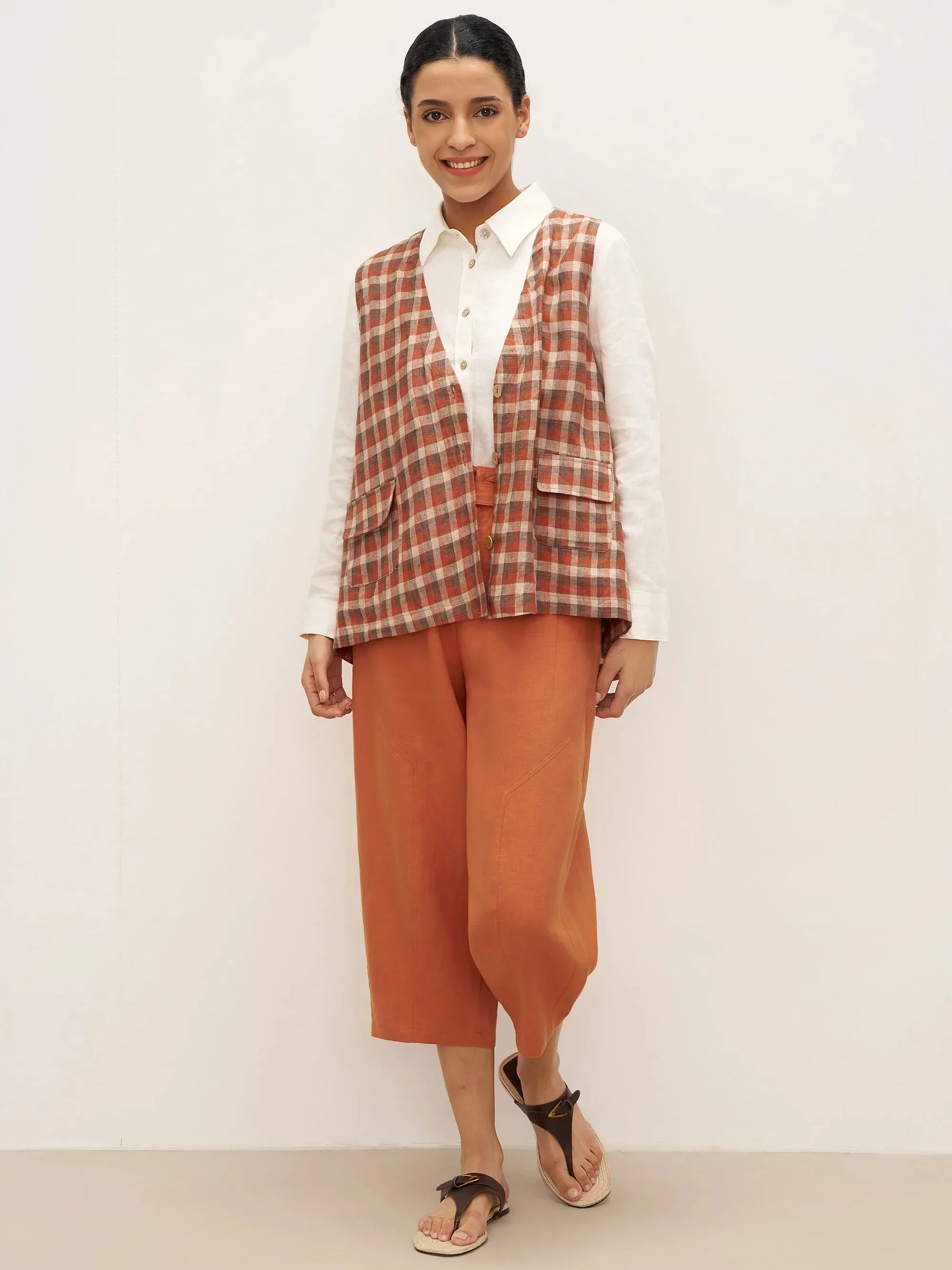100% Linen V-Neck Checked Oversized Vest DORIS