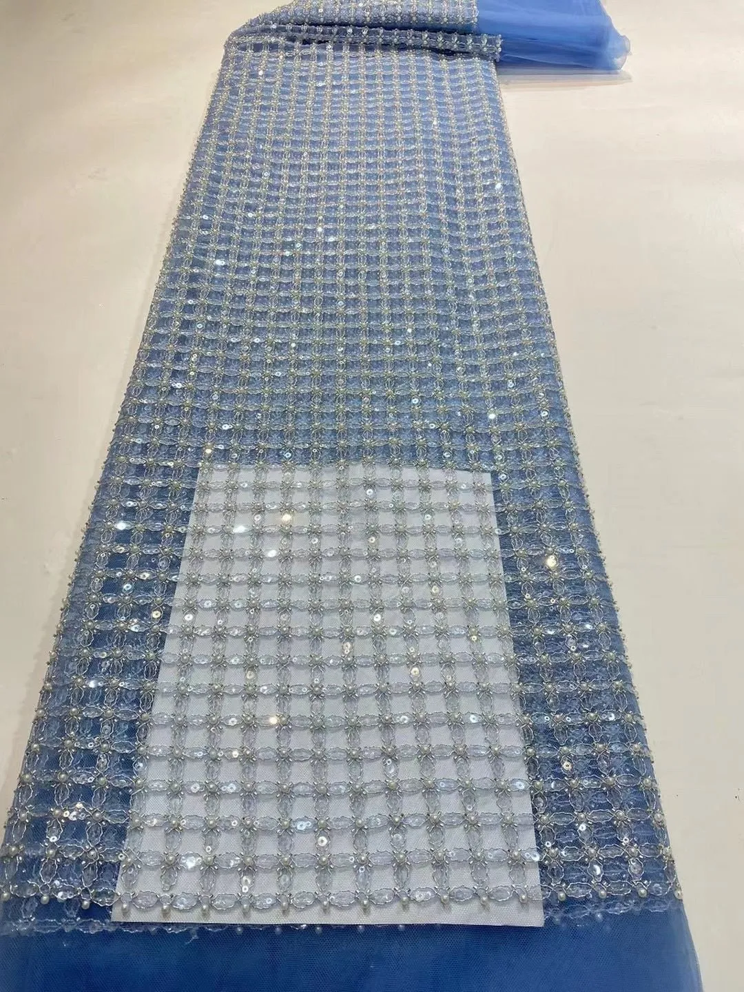 5 YARDS / 13 COLORS / Edwige 6-Beautiful Geometric Pearl Beads Glitter Sequin Beaded Embroidery Tulle Mesh Lace Party Prom Bridal Dress Fabric