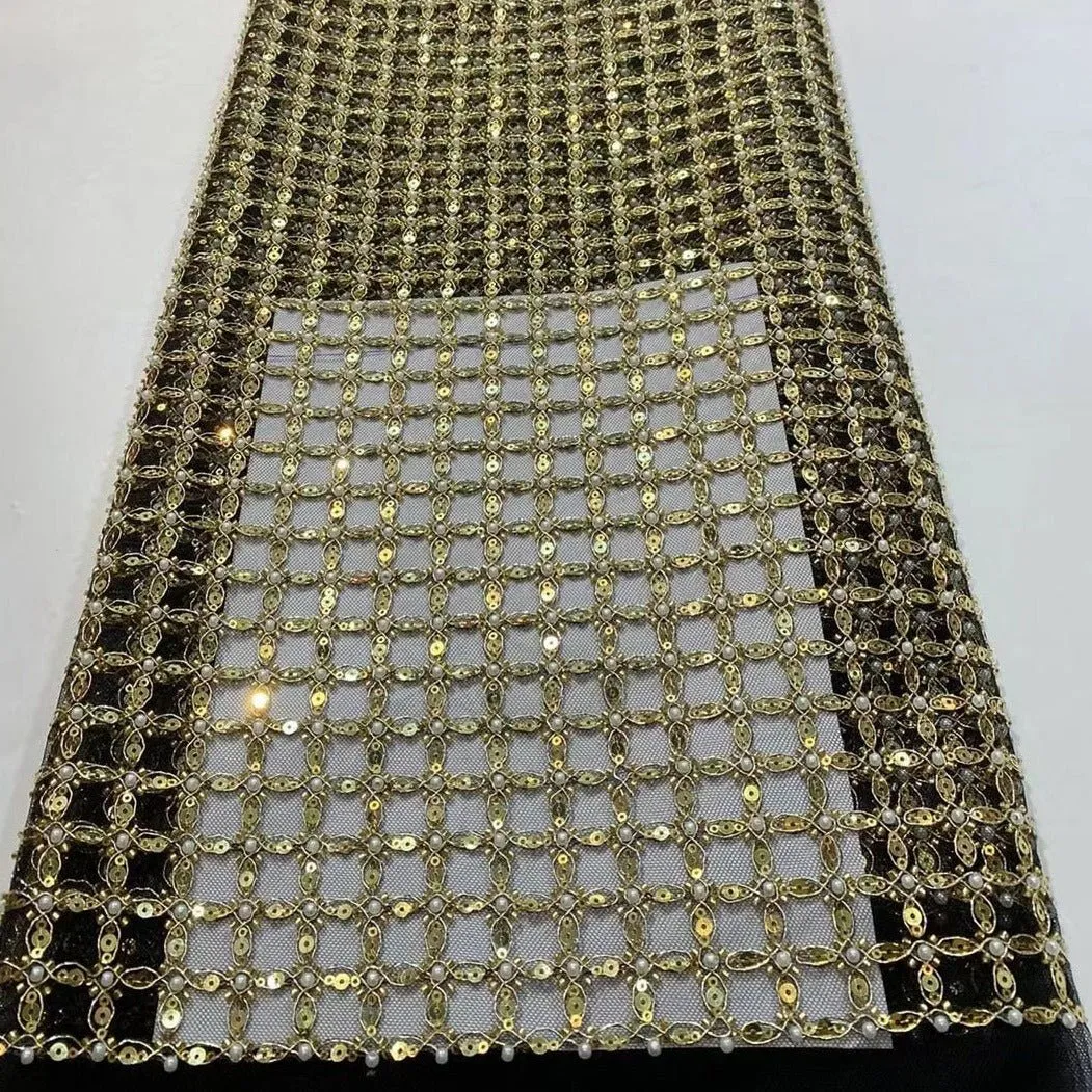 5 YARDS / 13 COLORS / Edwige 6-Beautiful Geometric Pearl Beads Glitter Sequin Beaded Embroidery Tulle Mesh Lace Party Prom Bridal Dress Fabric