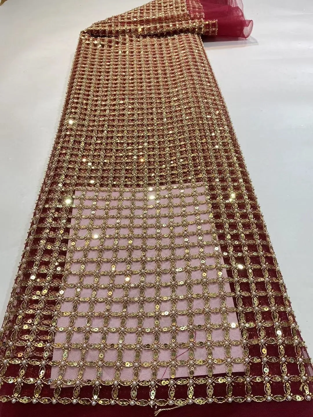 5 YARDS / 13 COLORS / Edwige 6-Beautiful Geometric Pearl Beads Glitter Sequin Beaded Embroidery Tulle Mesh Lace Party Prom Bridal Dress Fabric