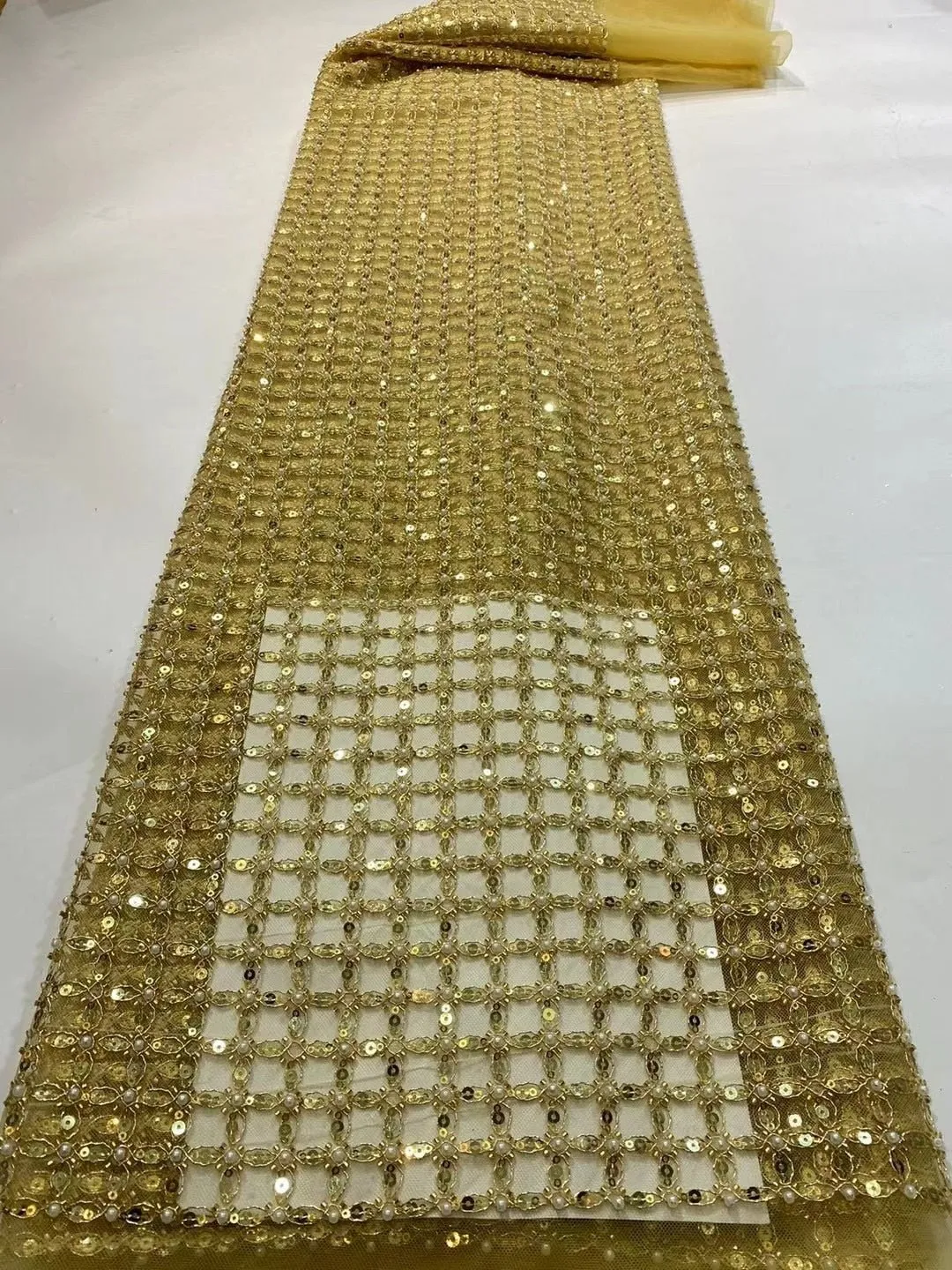 5 YARDS / 13 COLORS / Edwige 6-Beautiful Geometric Pearl Beads Glitter Sequin Beaded Embroidery Tulle Mesh Lace Party Prom Bridal Dress Fabric