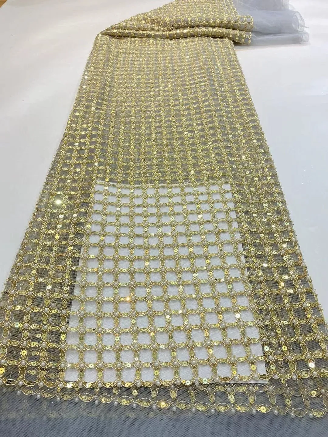 5 YARDS / 13 COLORS / Edwige 6-Beautiful Geometric Pearl Beads Glitter Sequin Beaded Embroidery Tulle Mesh Lace Party Prom Bridal Dress Fabric