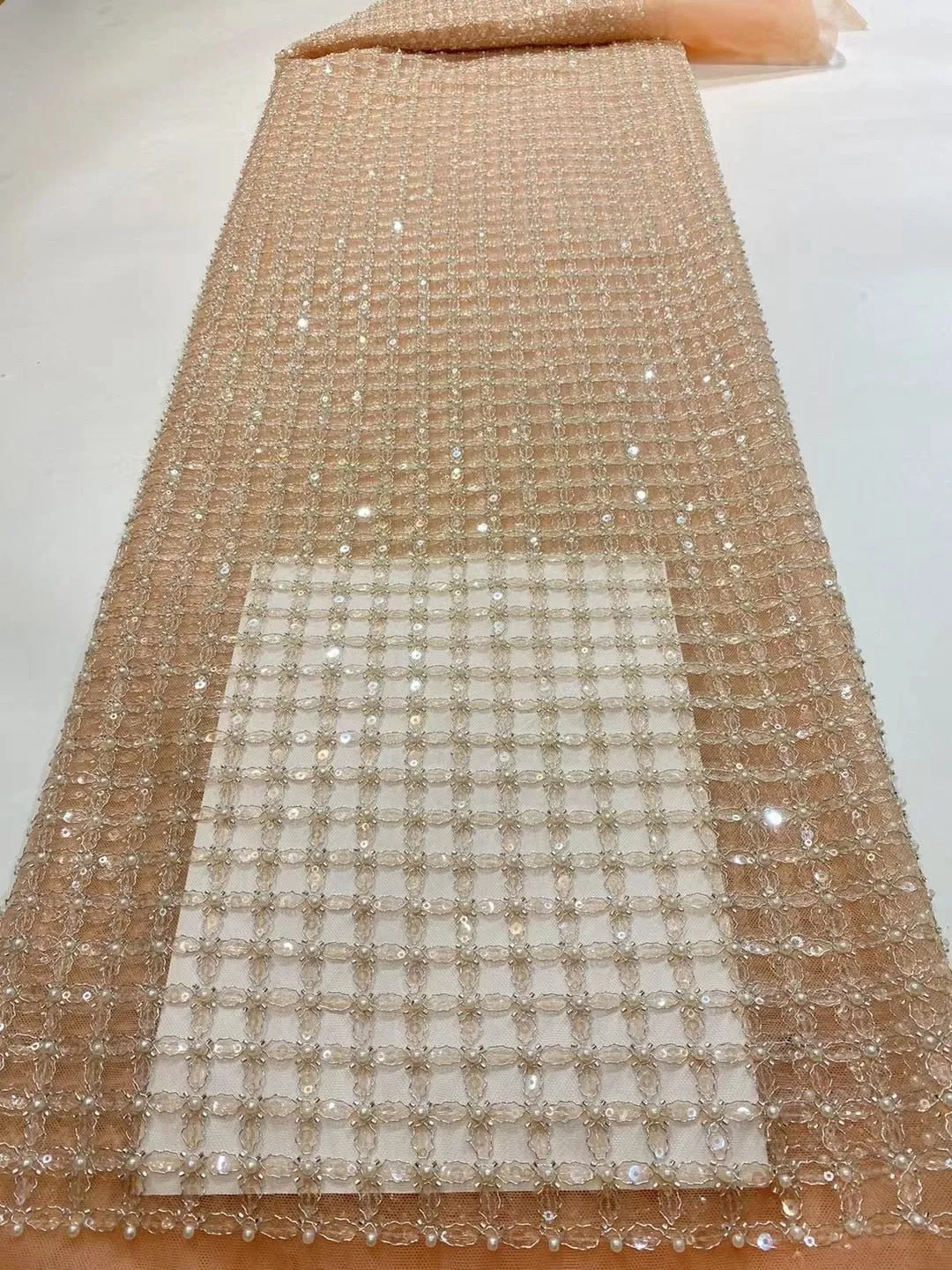5 YARDS / 13 COLORS / Edwige 6-Beautiful Geometric Pearl Beads Glitter Sequin Beaded Embroidery Tulle Mesh Lace Party Prom Bridal Dress Fabric