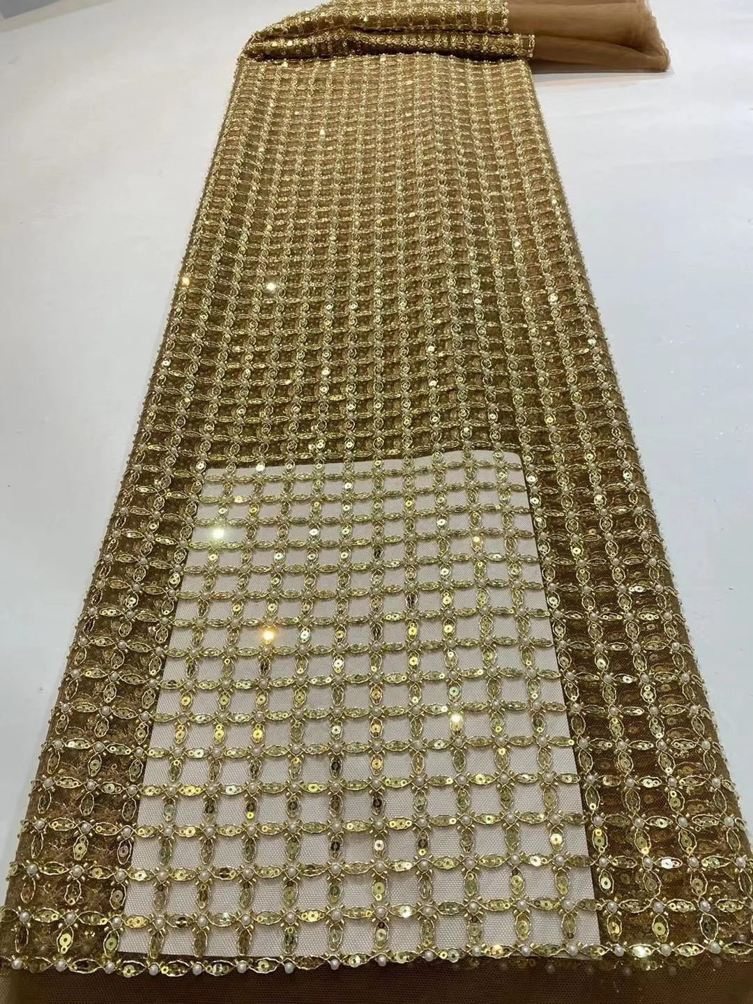 5 YARDS / 13 COLORS / Edwige 6-Beautiful Geometric Pearl Beads Glitter Sequin Beaded Embroidery Tulle Mesh Lace Party Prom Bridal Dress Fabric