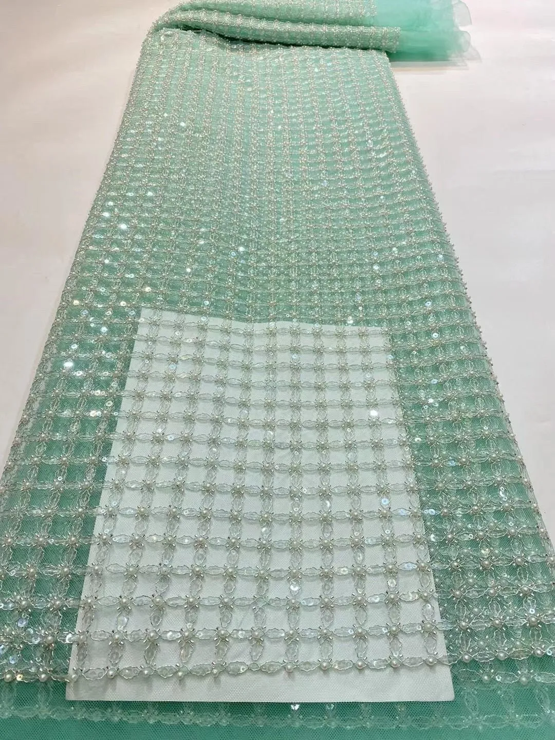 5 YARDS / 13 COLORS / Edwige 6-Beautiful Geometric Pearl Beads Glitter Sequin Beaded Embroidery Tulle Mesh Lace Party Prom Bridal Dress Fabric