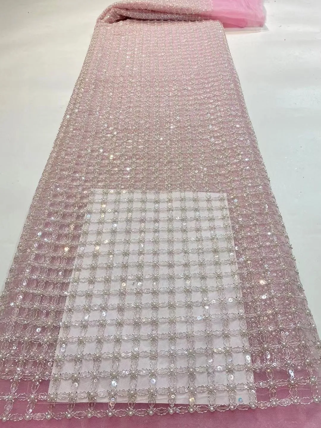 5 YARDS / 13 COLORS / Edwige 6-Beautiful Geometric Pearl Beads Glitter Sequin Beaded Embroidery Tulle Mesh Lace Party Prom Bridal Dress Fabric