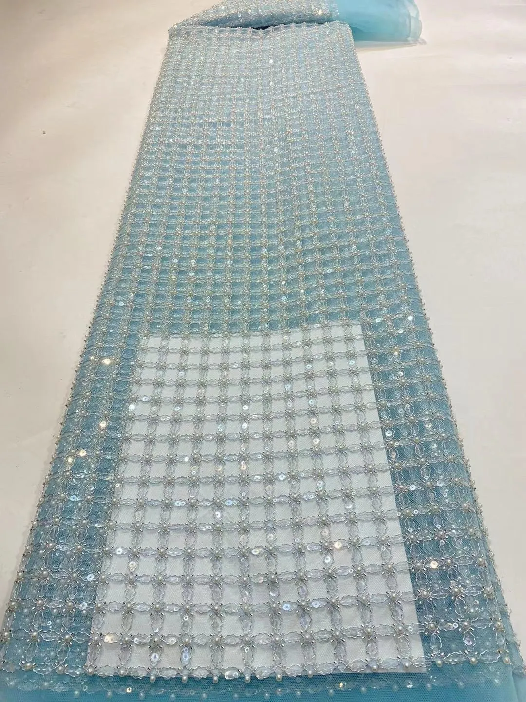 5 YARDS / 13 COLORS / Edwige 6-Beautiful Geometric Pearl Beads Glitter Sequin Beaded Embroidery Tulle Mesh Lace Party Prom Bridal Dress Fabric