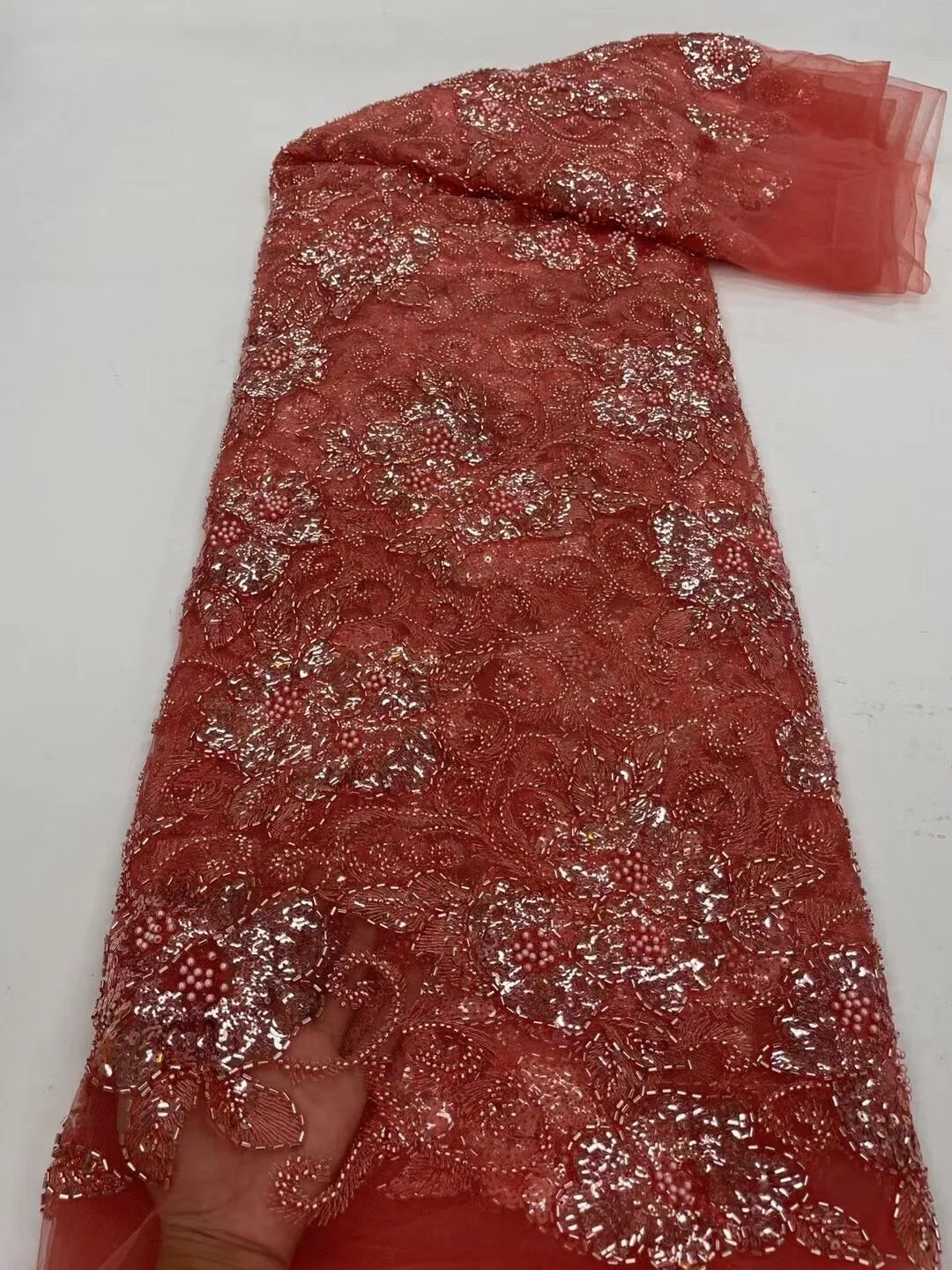 5 YARDS / 13 COLORS / Thea Floral Beaded Embroidery Glitter Mesh Lace  Party Prom Bridal Dress Fabric