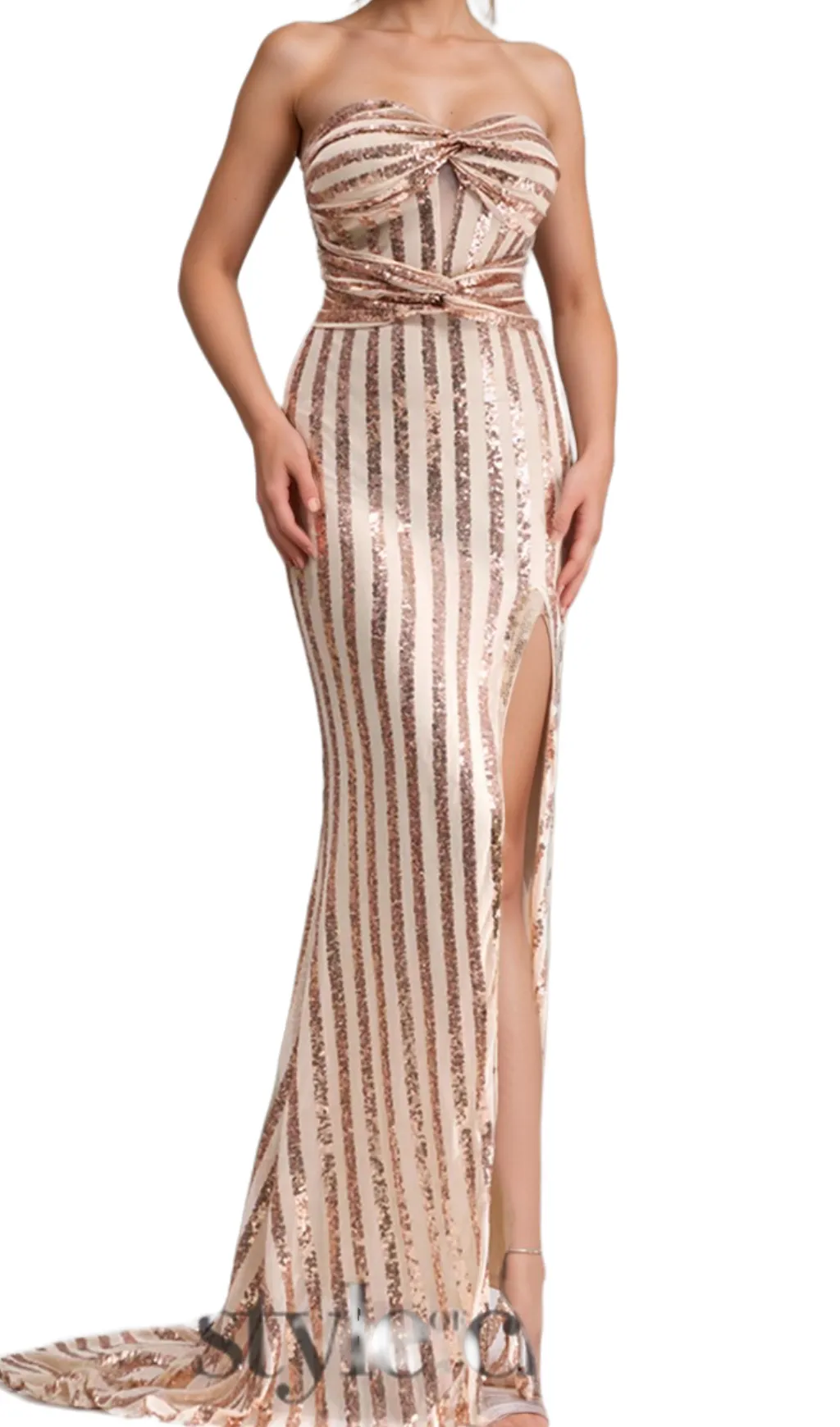 Apricot Mermaid Strapless Sequined Split maxi Dress