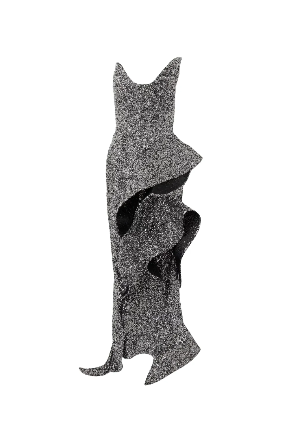 asymmetric ruffled sequined crepe gown in silver