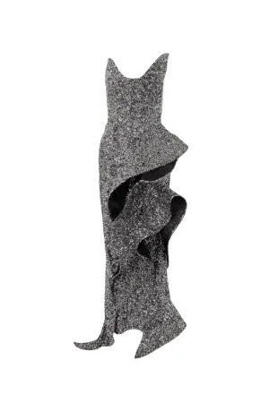 asymmetric ruffled sequined crepe gown in silver