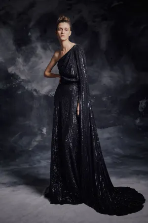 Asymmetric Sequined Black Dress