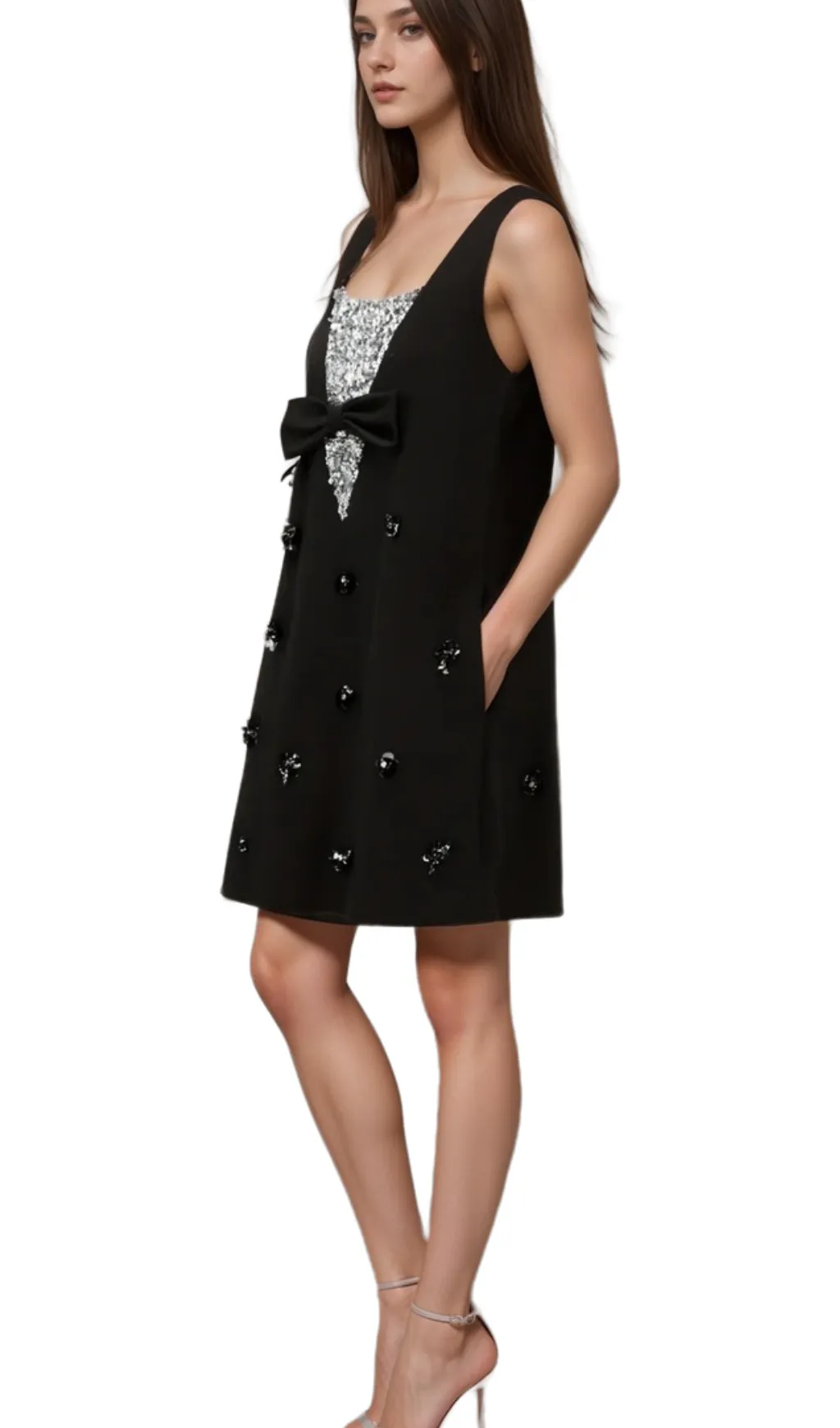 Aviva black 3d-petal sequined mini dress