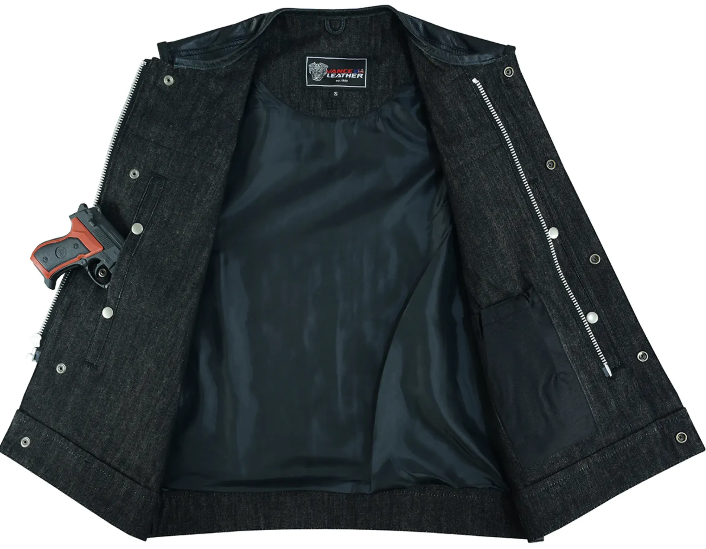 'Big Bloke' 6XL Denim & Leather (chest trim) Trim Outlaw Club Style Waistcoat / Cut by Vance Leathers USA