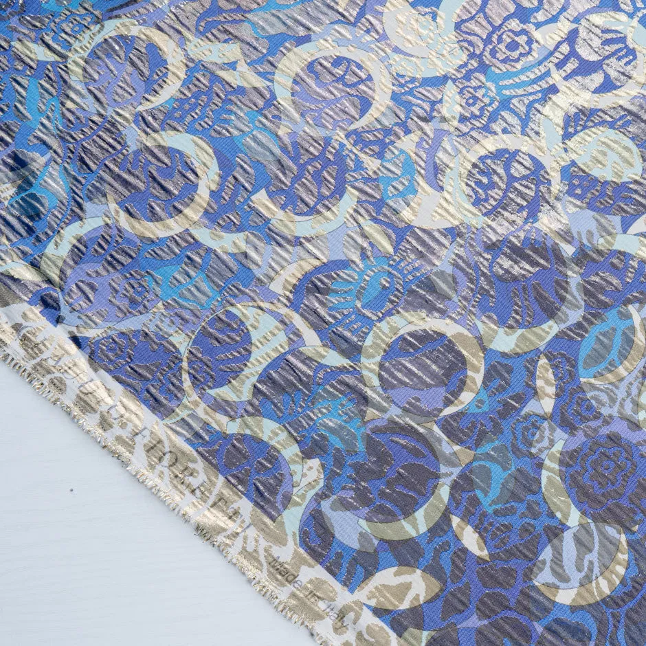 Blue Metallic Silk Jacquard Cloqué