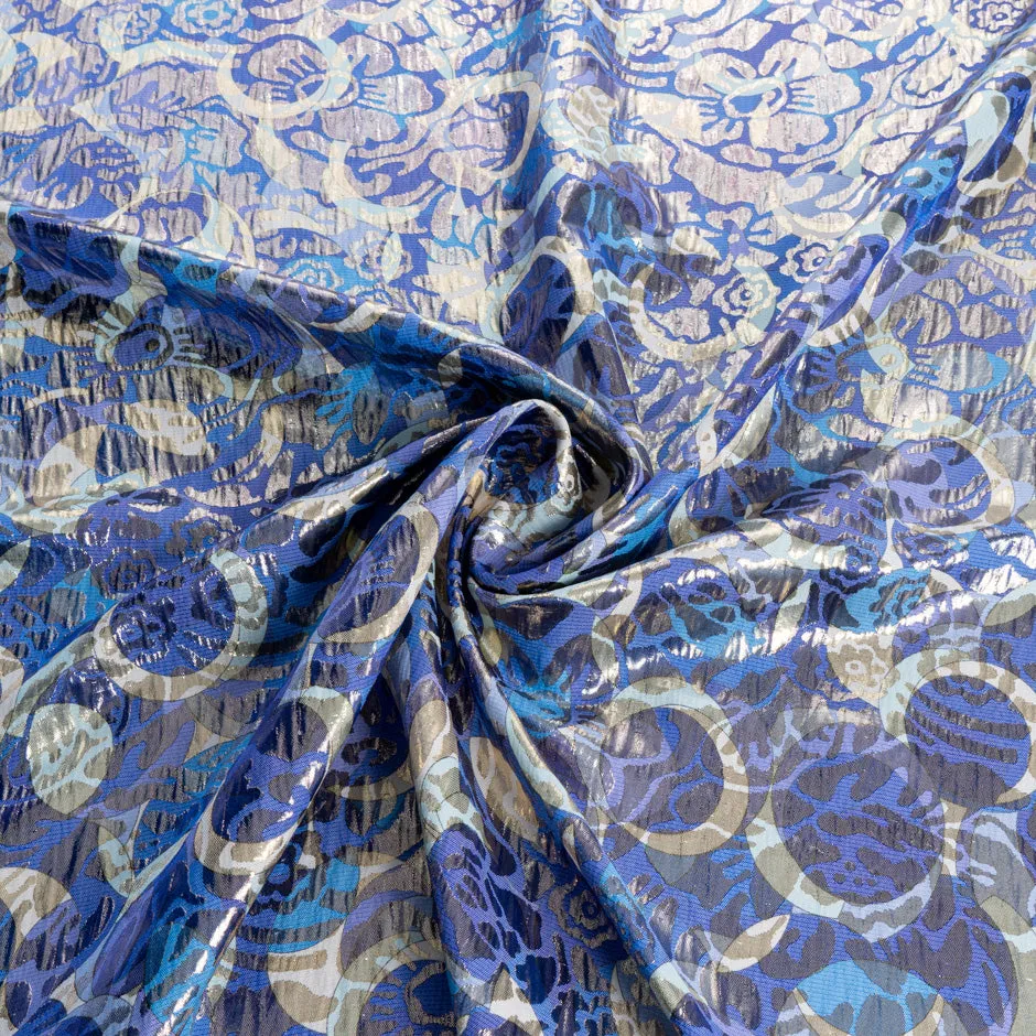 Blue Metallic Silk Jacquard Cloqué