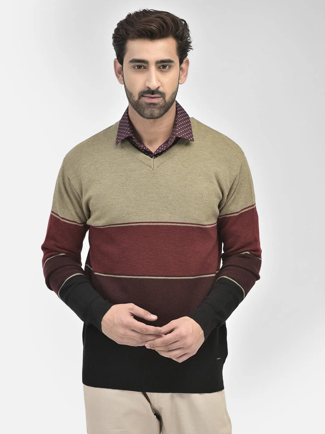 Brown Colourblocked V-Neck Sweaters