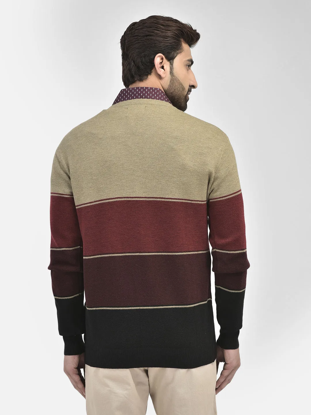 Brown Colourblocked V-Neck Sweaters