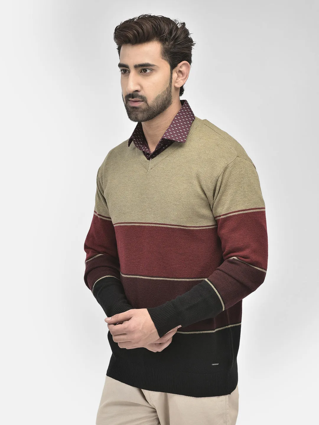 Brown Colourblocked V-Neck Sweaters