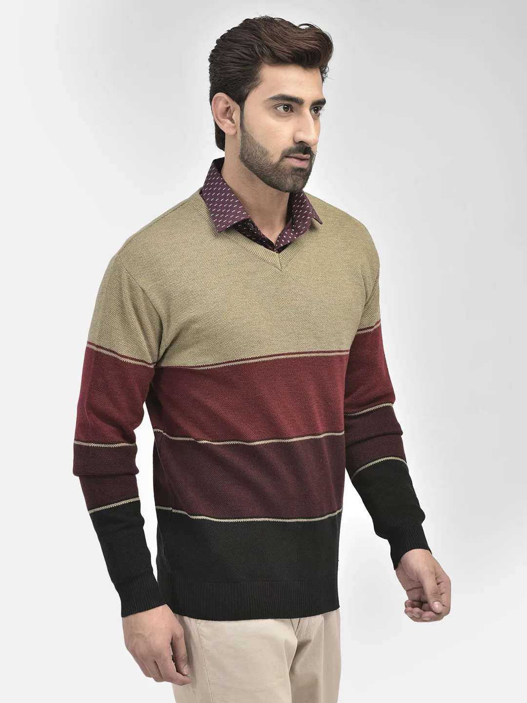 Brown Colourblocked V-Neck Sweaters
