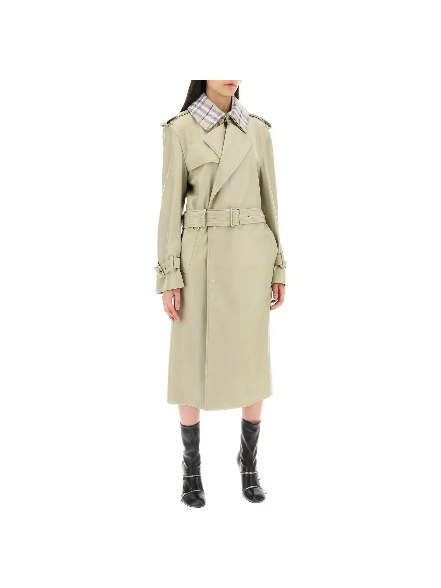 Checkered Leather Trench Coat