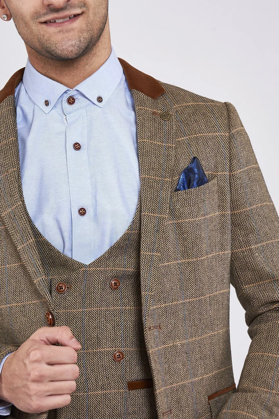 DX7 Brown Tweed Jacket and Double Breasted Waistcoat Set  | Check Suit | Wedding Wear | Office Wear