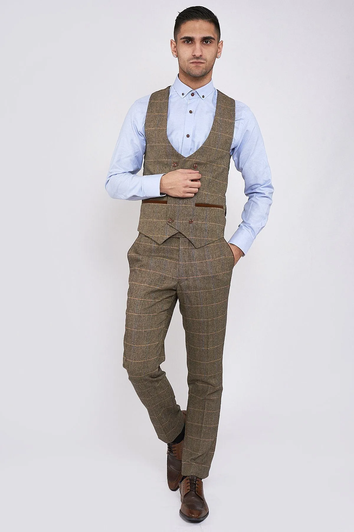 DX7 Brown Tweed Jacket and Double Breasted Waistcoat Set  | Check Suit | Wedding Wear | Office Wear
