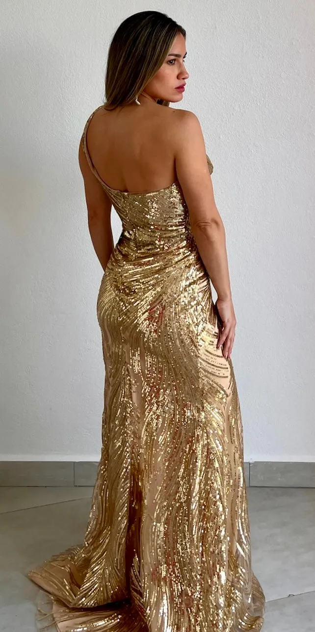 Eye Catching Gold Sequins Formal Gown