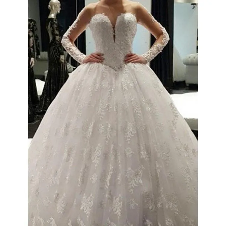 Eye-catching Lace Scoop Neckline Long Sleeves Ball Gown Wedding Dresses WD135