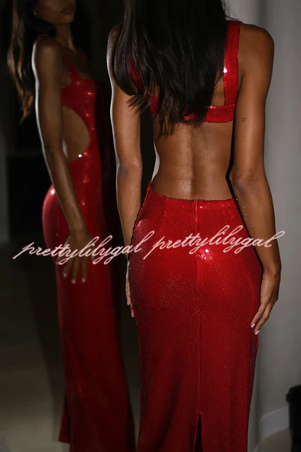 Eye Catching Sequin Cutout Waist Wide Strap Bacakless Maxi Dress