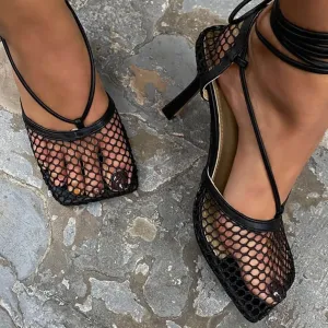 Eye-Catching Strappy Square Toe Mesh High Heel Sandals - Black