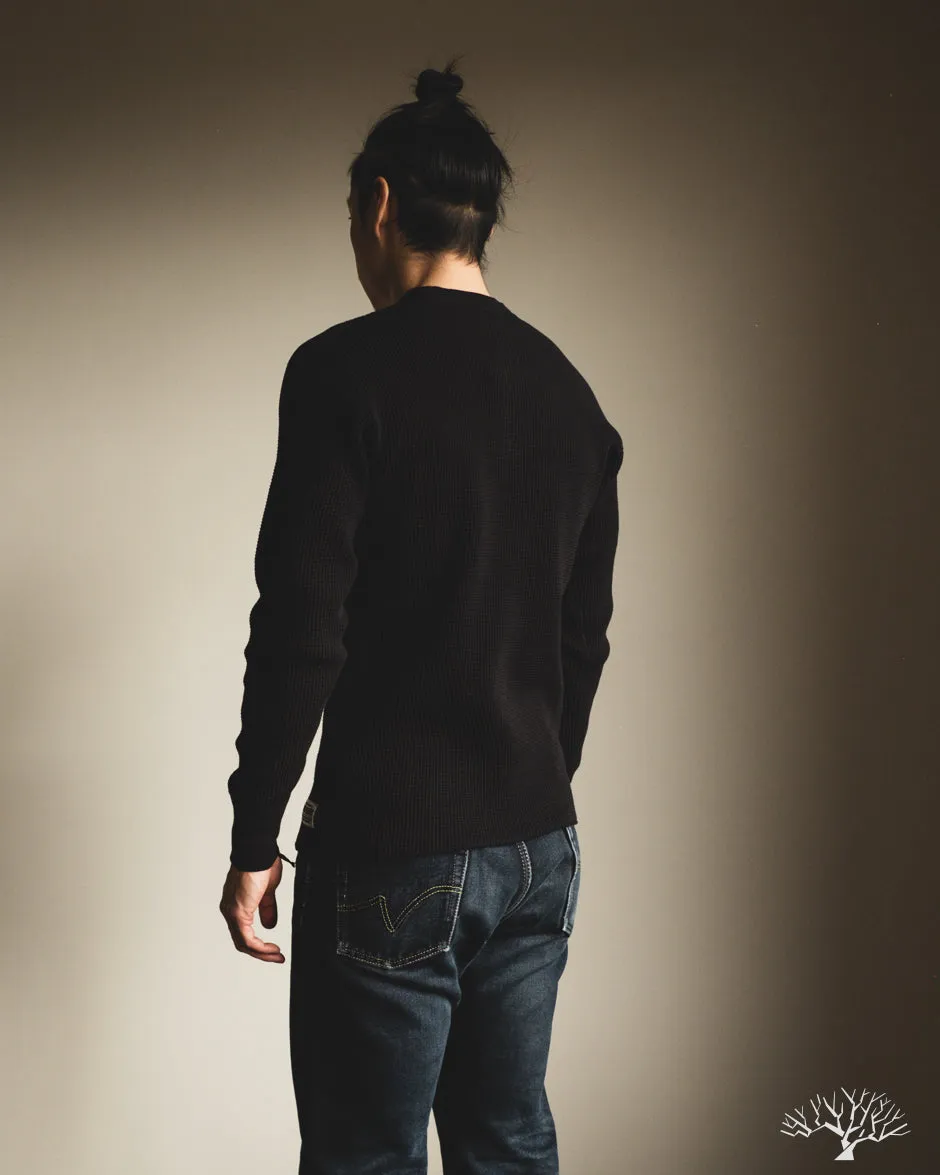 IHTL-1213-BLK - Waffle Knit Long Sleeve Thermal Henley - Black