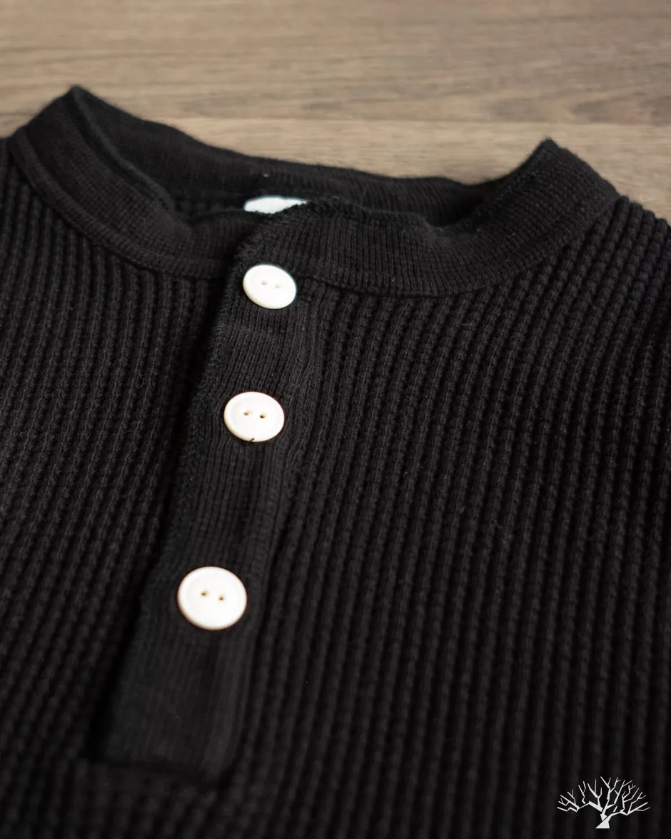 IHTL-1213-BLK - Waffle Knit Long Sleeve Thermal Henley - Black