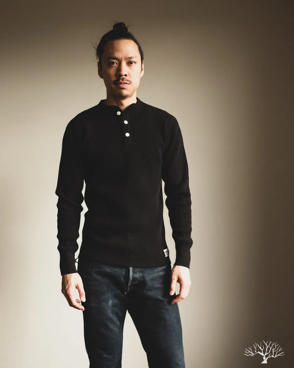 IHTL-1213-BLK - Waffle Knit Long Sleeve Thermal Henley - Black