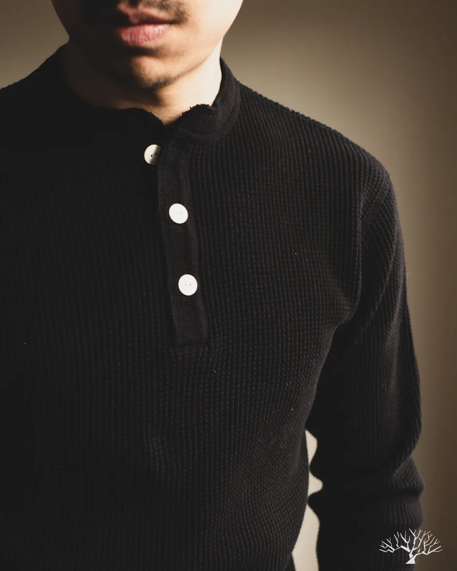 IHTL-1213-BLK - Waffle Knit Long Sleeve Thermal Henley - Black