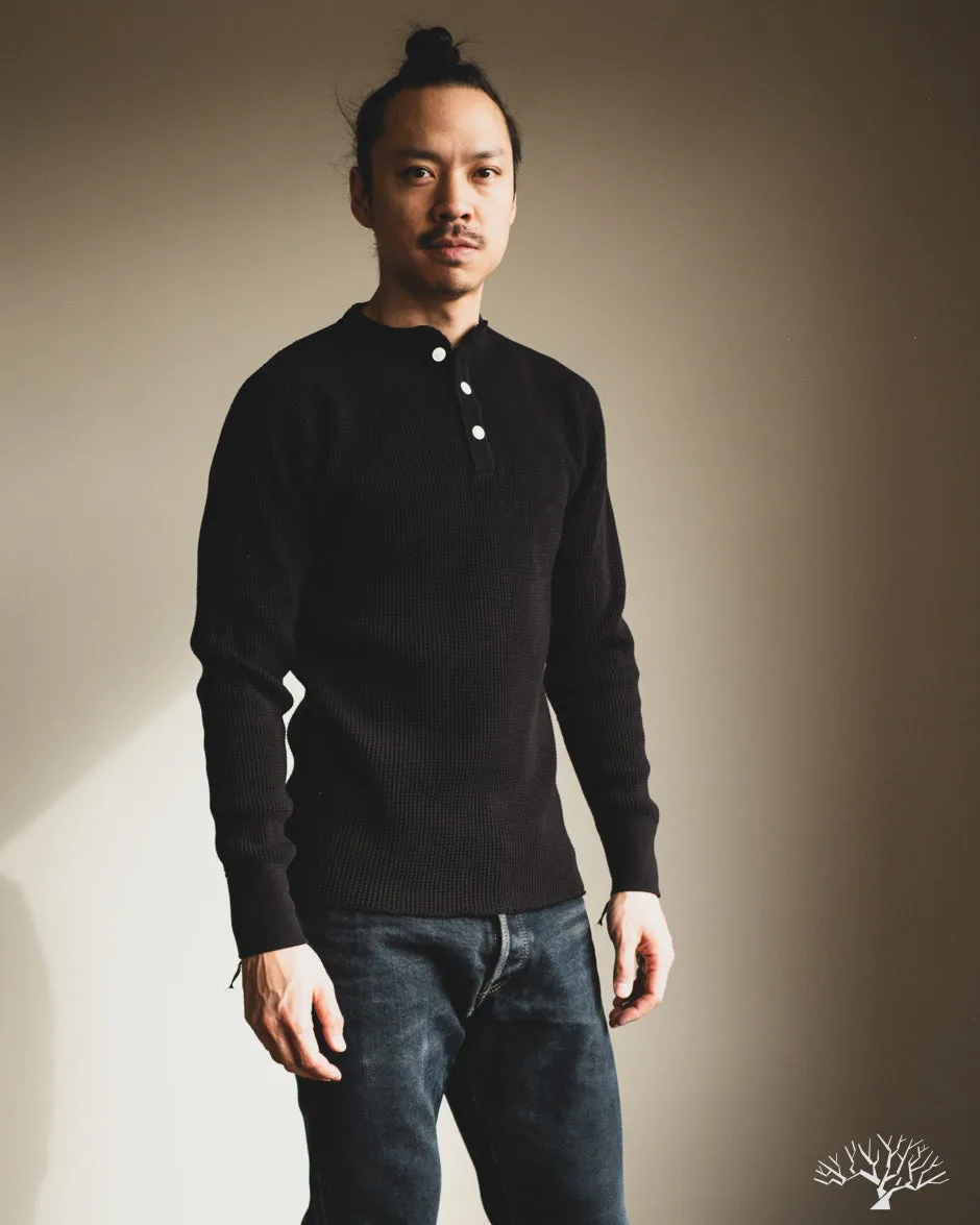 IHTL-1213-BLK - Waffle Knit Long Sleeve Thermal Henley - Black