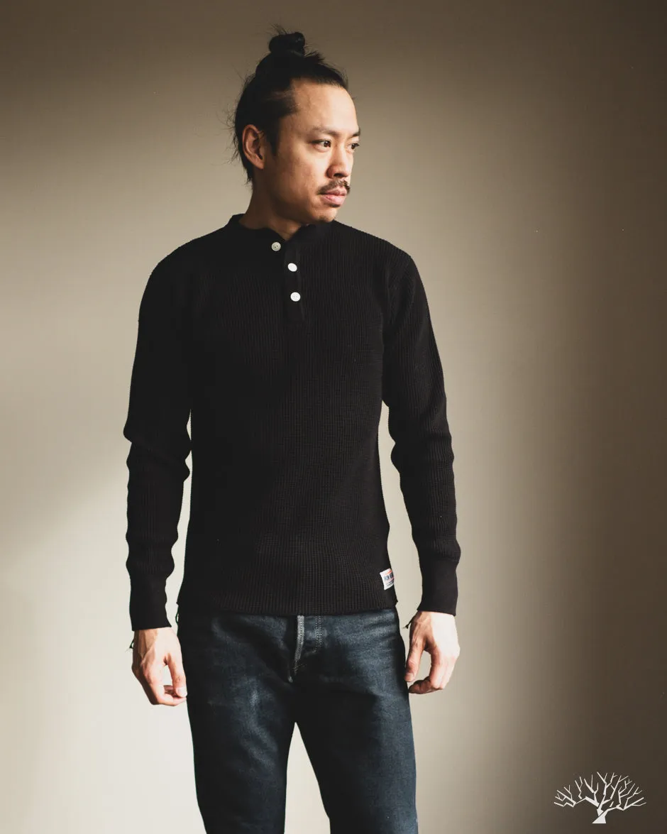 IHTL-1213-BLK - Waffle Knit Long Sleeve Thermal Henley - Black