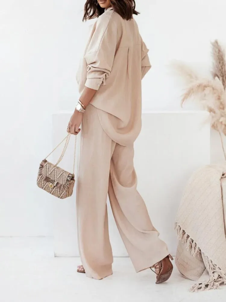 Ivyshape | Chic Ensemble: Long Sleeve Shirt And Wide Leg Pants Set