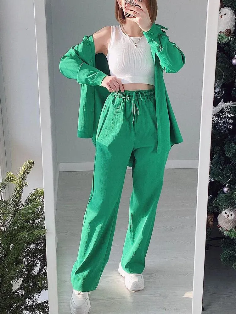 Ivyshape | Chic Ensemble: Long Sleeve Shirt And Wide Leg Pants Set