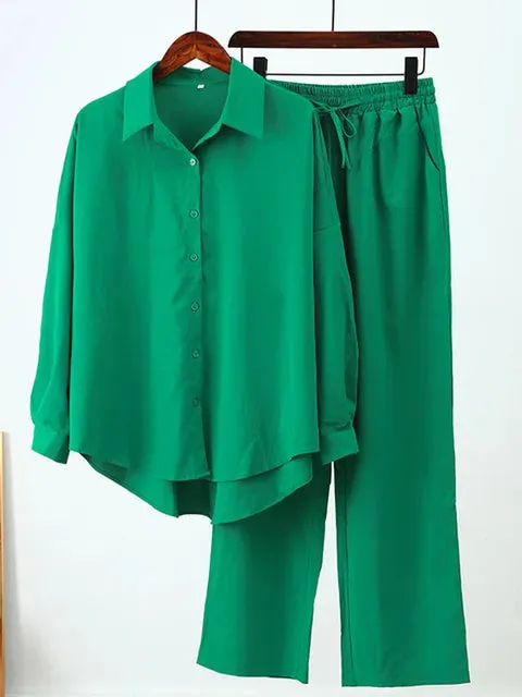 Ivyshape | Chic Ensemble: Long Sleeve Shirt And Wide Leg Pants Set