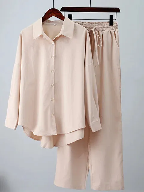 Ivyshape | Chic Ensemble: Long Sleeve Shirt And Wide Leg Pants Set