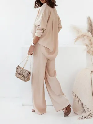 Ivyshape | Chic Ensemble: Long Sleeve Shirt And Wide Leg Pants Set
