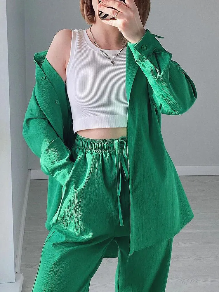 Ivyshape | Chic Ensemble: Long Sleeve Shirt And Wide Leg Pants Set