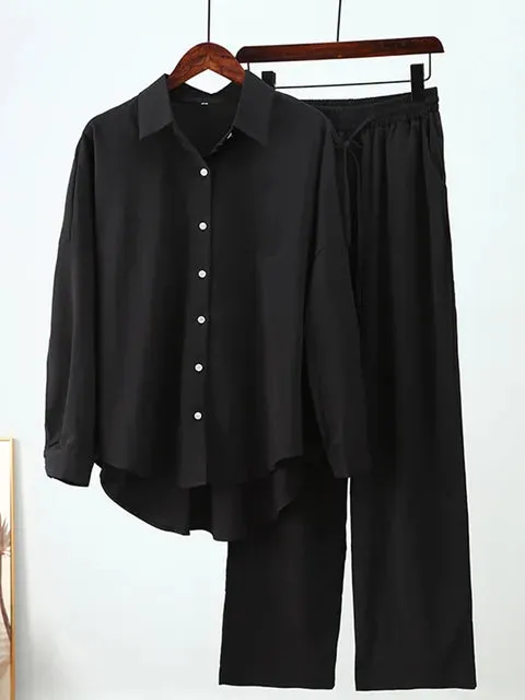 Ivyshape | Chic Ensemble: Long Sleeve Shirt And Wide Leg Pants Set