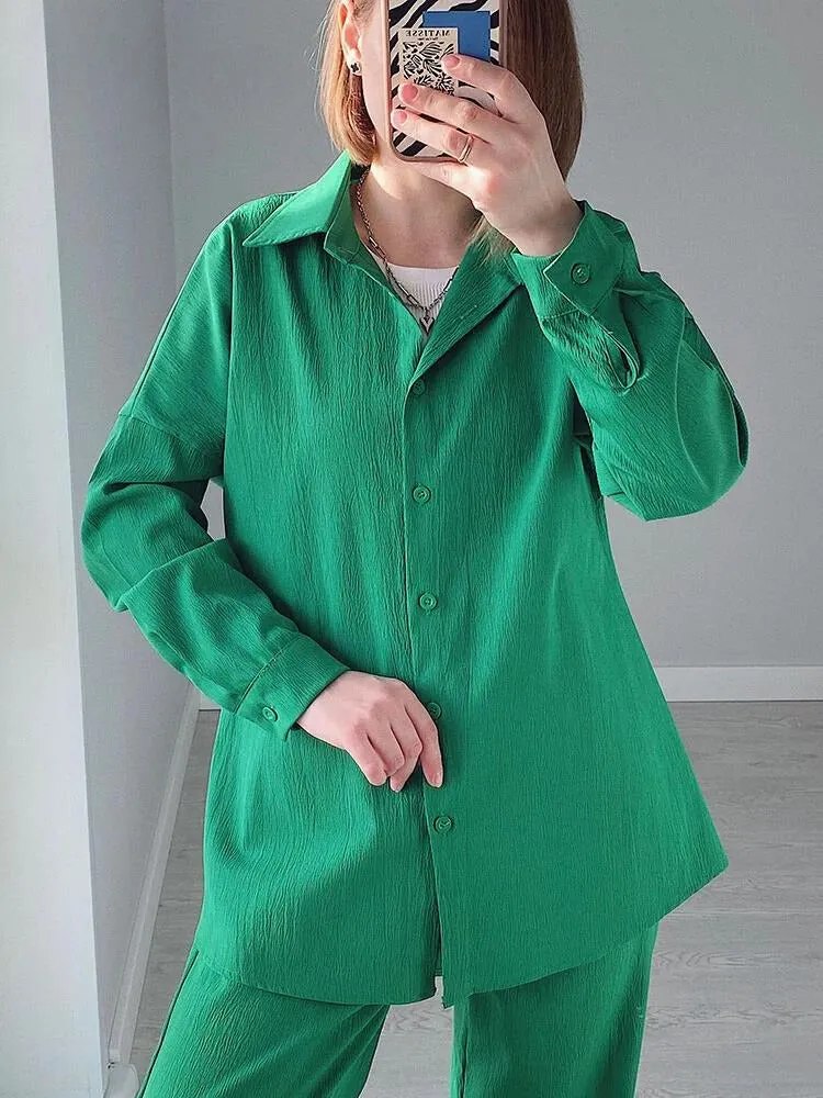 Ivyshape | Chic Ensemble: Long Sleeve Shirt And Wide Leg Pants Set