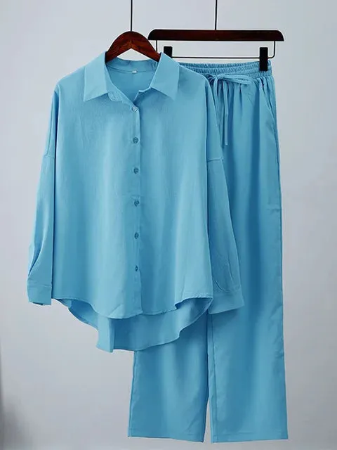 Ivyshape | Chic Ensemble: Long Sleeve Shirt And Wide Leg Pants Set