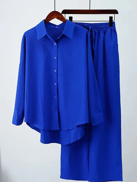 Ivyshape | Chic Ensemble: Long Sleeve Shirt And Wide Leg Pants Set